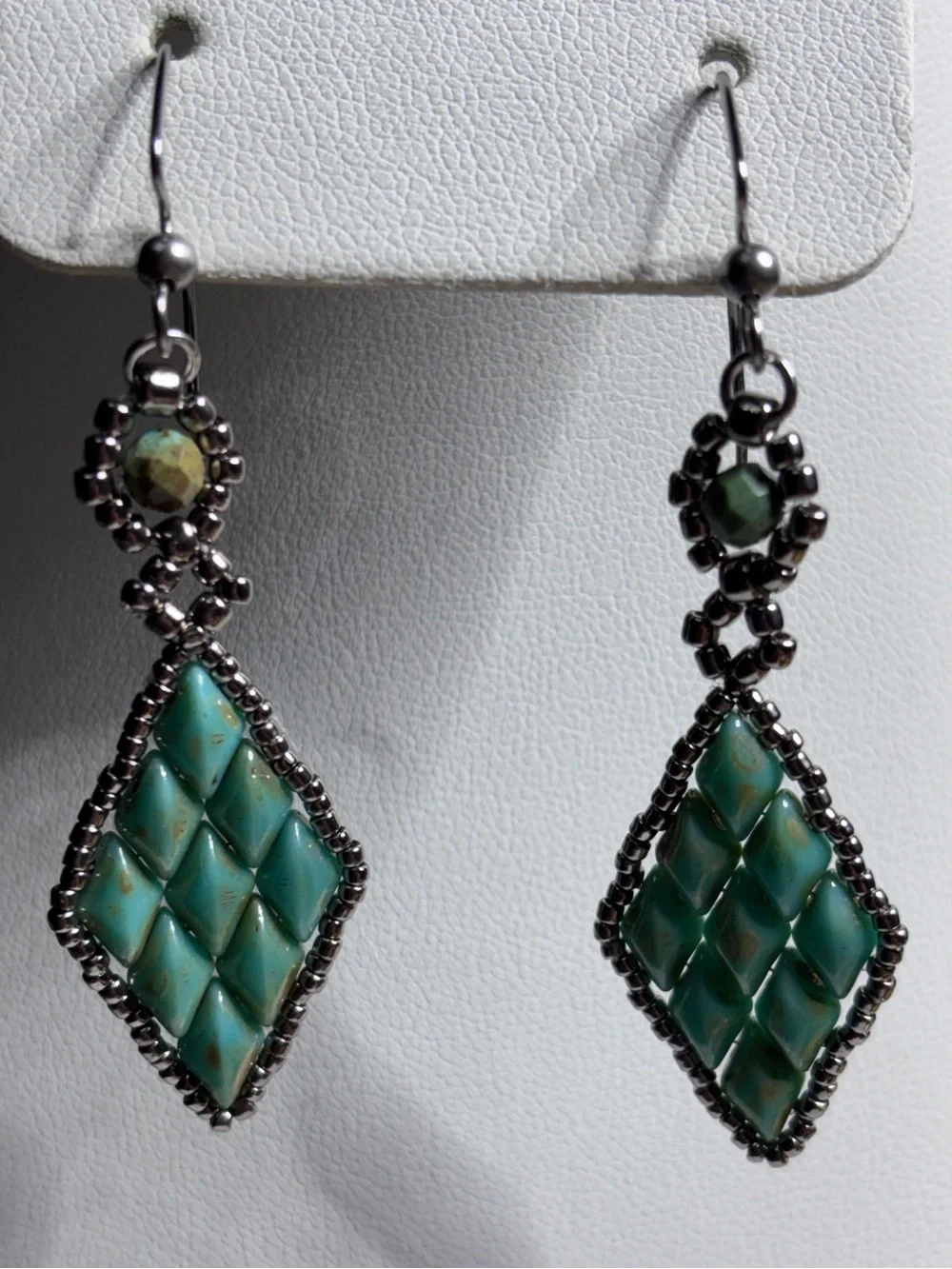 Turquoise Green Beaded and SuperDuo Diamond Drop Earrings 2.5 inches